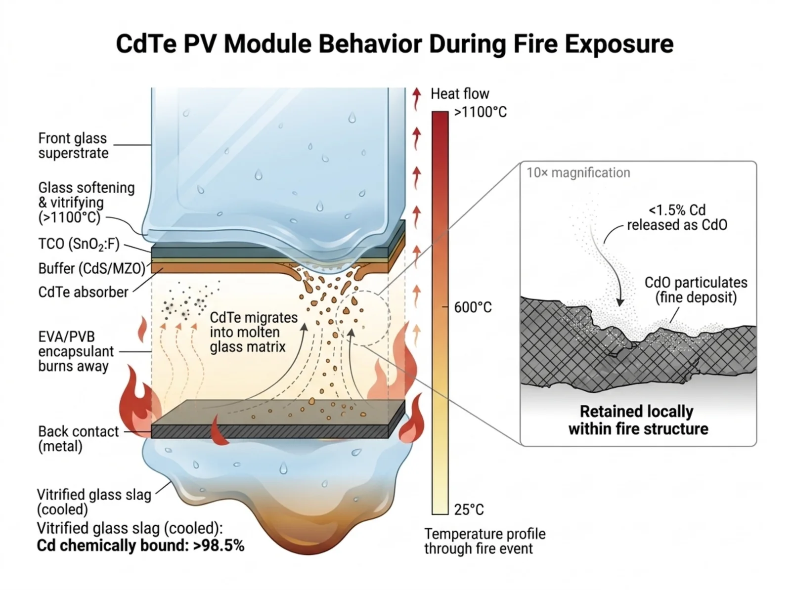 Diagram: CdTe module behavior during fire — CdTe migrates into molten glass and over 98.5% of cadmium remains bound in vitrified slag